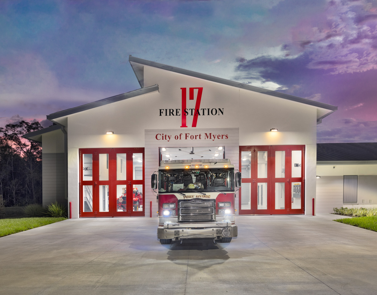 Architectural dusk view of the Fire and Rescue Station 17 Fort Myers, FL.